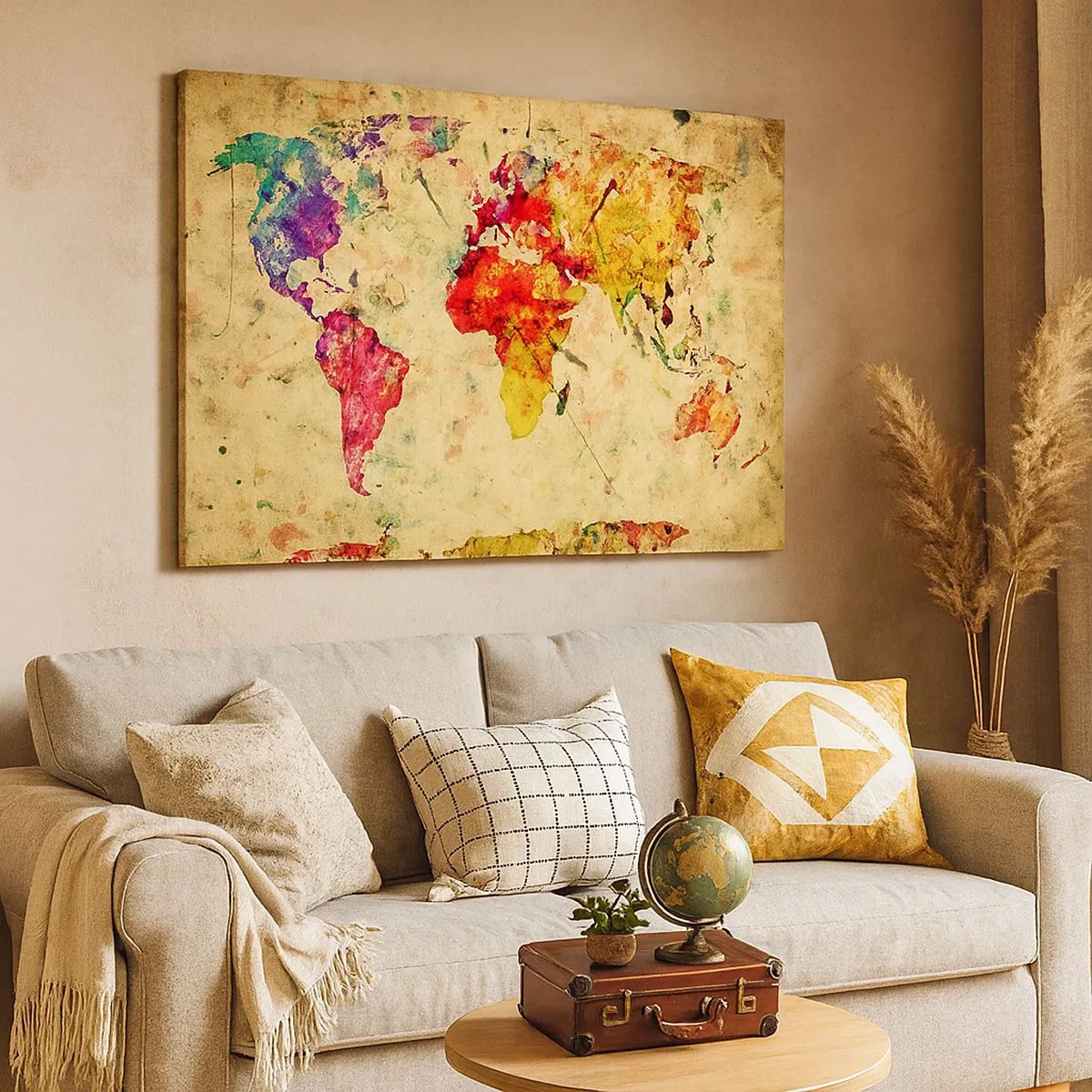 Bild auf Leinwand - Leinwandbild - Eine farbenfrohe, künstlerische Interpretation der Weltkarte - 70x50cm - Leben wie buntes Kartenpapier - Moderne Wanddekoration für Wohnzimmer und Schlafzimmer ARTTOR