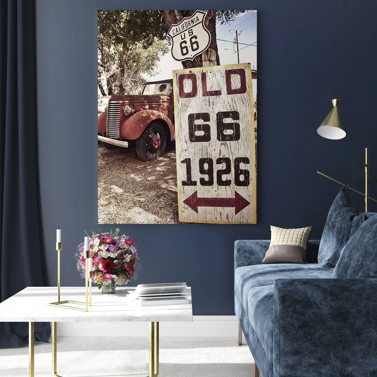 Glasbild - Bild auf glas - Oldtimer und Retro-Route 66-Schild - 50x70cm - Die Legende der amerikanischen Provinz - Moderne Wanddekoration für Wohnzimmer und Schlafzimmer ARTTOR