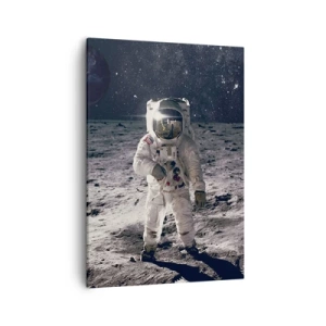 Bild auf Leinwand - Leinwandbild - Astronaut auf der Mondoberfläche mit der Erde im Hintergrund - 50x70cm - Grüße vom Mond - Moderne Wanddekoration für Wohnzimmer und Schlafzimmer ARTTOR