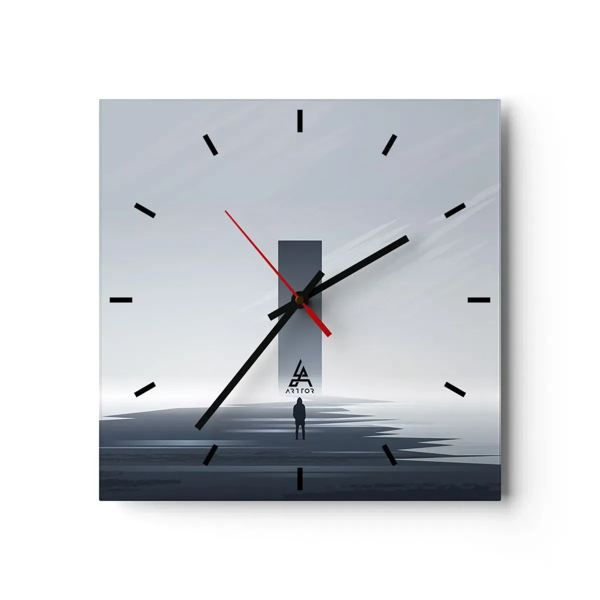 Wanduhr - Glasuhr - Eine minimalistische Landschaft mit einer Silhouette neben einem rechteckigen Monolithen - 30x30cm - Chance oder Bedrohung? - Moderne Wanddekoration für Wohnzimmer und Schlafzimmer ARTTOR