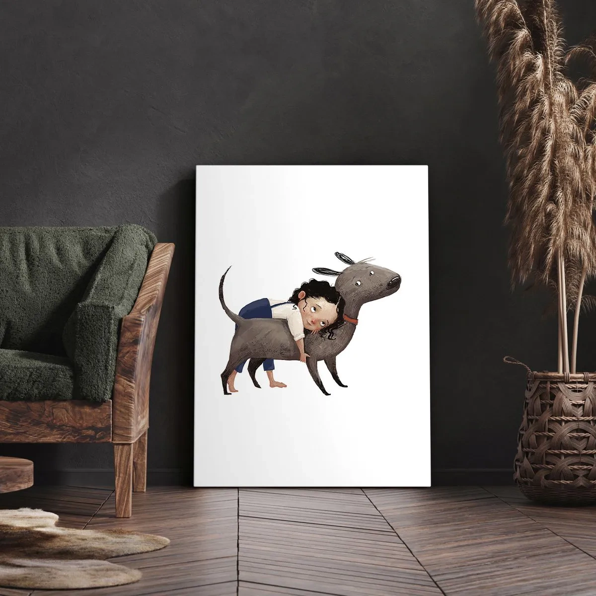 Bild auf Leinwand - Leinwandbild - Cartoonartige Illustration eines Kindes, das einen Hund umarmt - 70x100cm - Beste Freunde - Moderne Wanddekoration für Wohnzimmer und Schlafzimmer ARTTOR