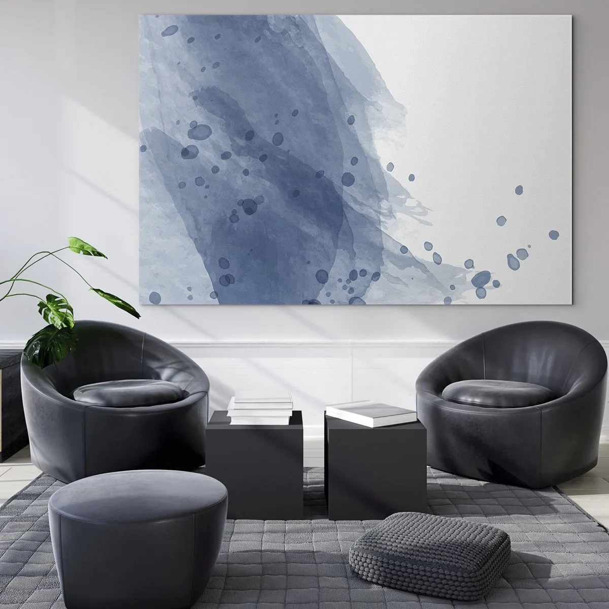 Glasbild - Bild auf glas - Aquarellfleck in Blautönen - 70x50cm - Blauer Tüll - Moderne Wanddekoration für Wohnzimmer und Schlafzimmer ARTTOR