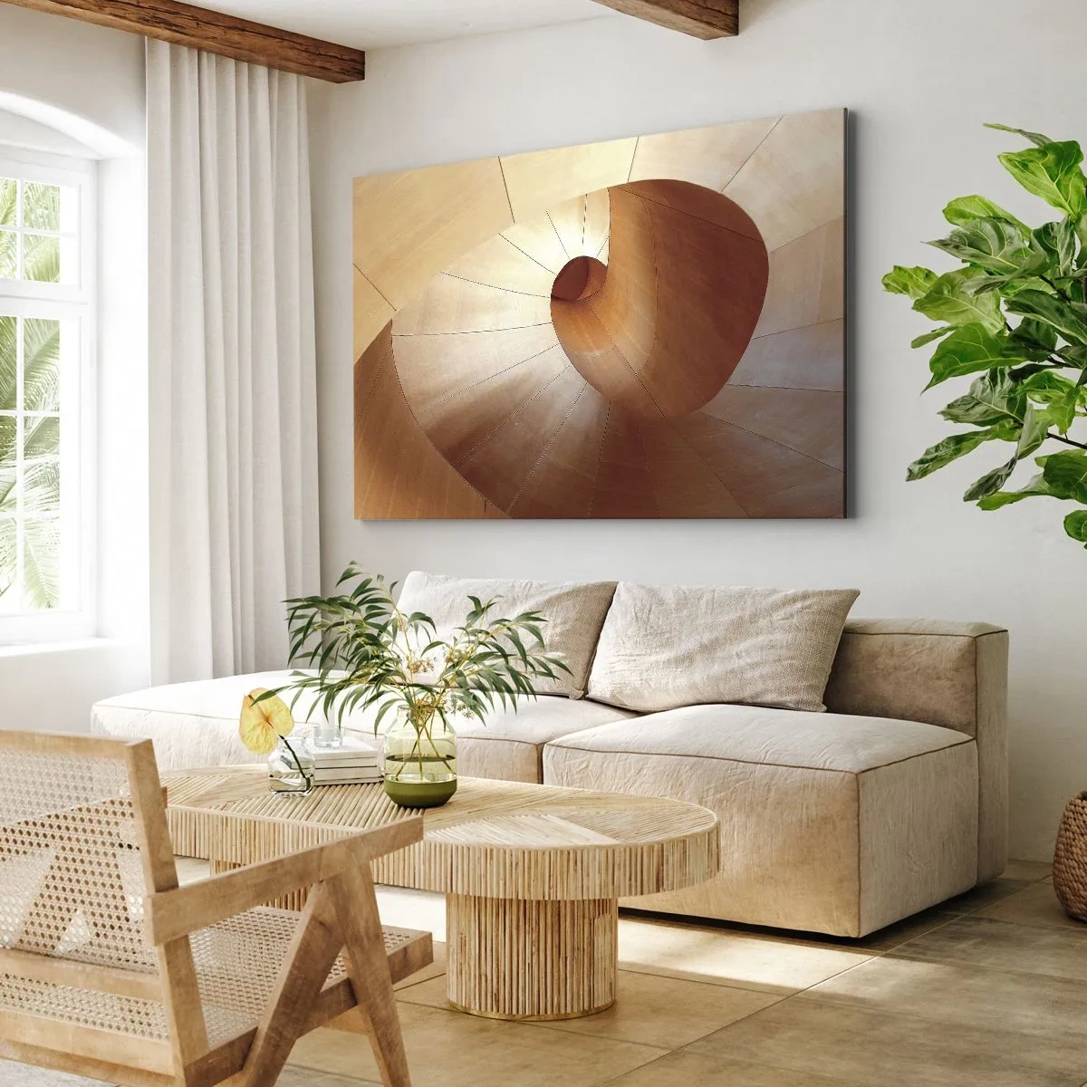Bild auf Leinwand - Leinwandbild - Abstrakte Spirale in Holz- und Hellbrauntönen - 70x50cm - Architektonische Serpentine - Moderne Wanddekoration für Wohnzimmer und Schlafzimmer ARTTOR