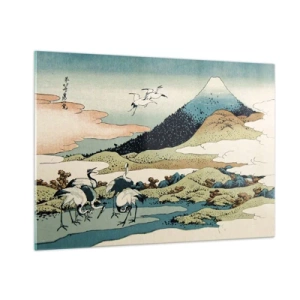 Glasbild - Bild auf glas - Ein Gemälde von Vögeln in einer japanischen Landschaft mit Blick auf den Berg Fuji. - 100x70cm - Im japanischen Geist - Moderne Wanddekoration für Wohnzimmer und Schlafzimmer ARTTOR
