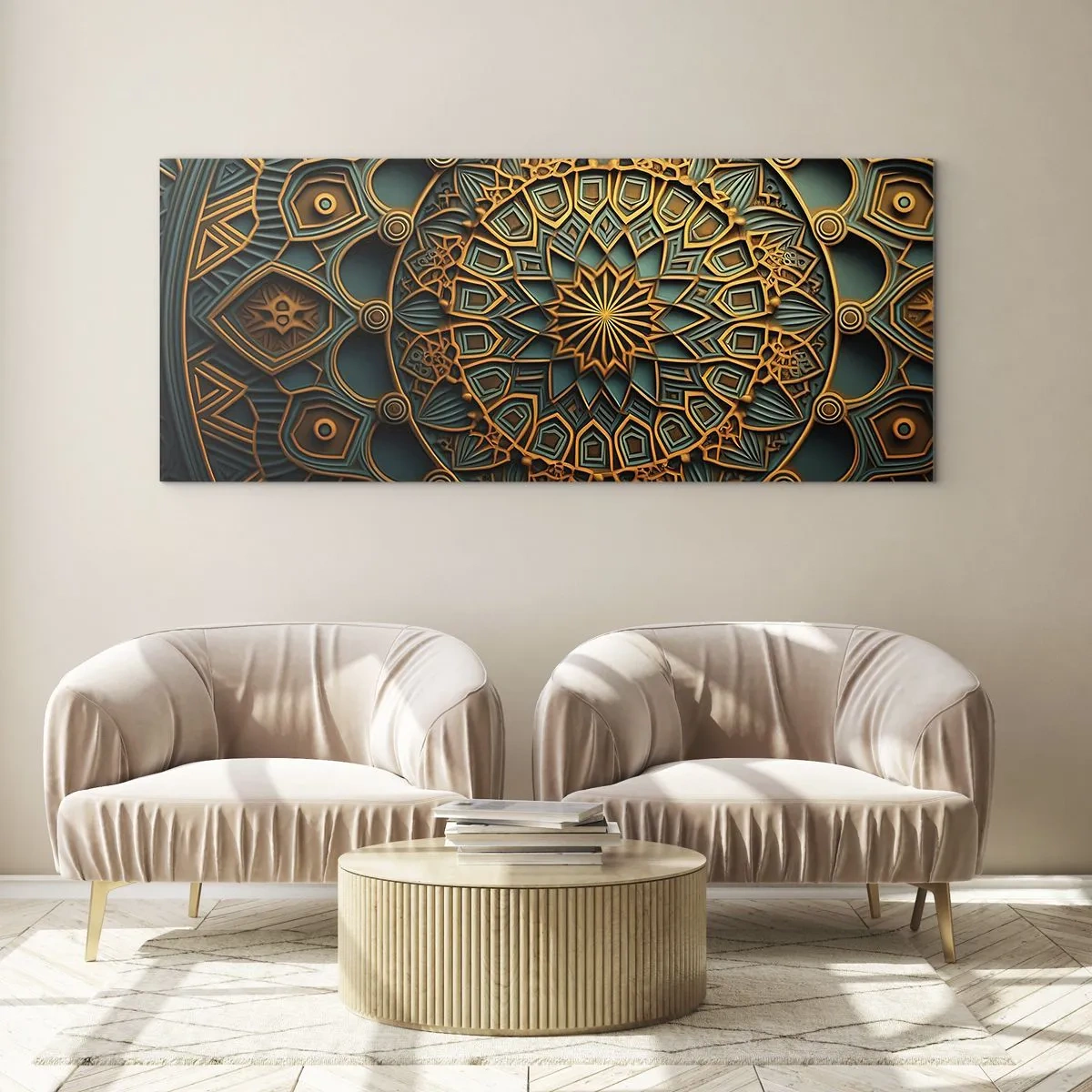 Glasbild - Bild auf glas - Ein goldenes Mandala auf türkisfarbenem Hintergrund mit vielen Details. - 160x50cm - In arabischer Atmosphäre - Moderne Wanddekoration für Wohnzimmer und Schlafzimmer ARTTOR