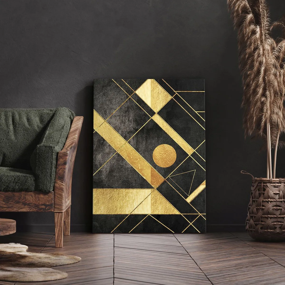 Bild auf Leinwand - Leinwandbild - Geometrische Formen in Gold- und Schwarztönen - 70x100cm - Die Sonne der Wüste - Moderne Wanddekoration für Wohnzimmer und Schlafzimmer ARTTOR
