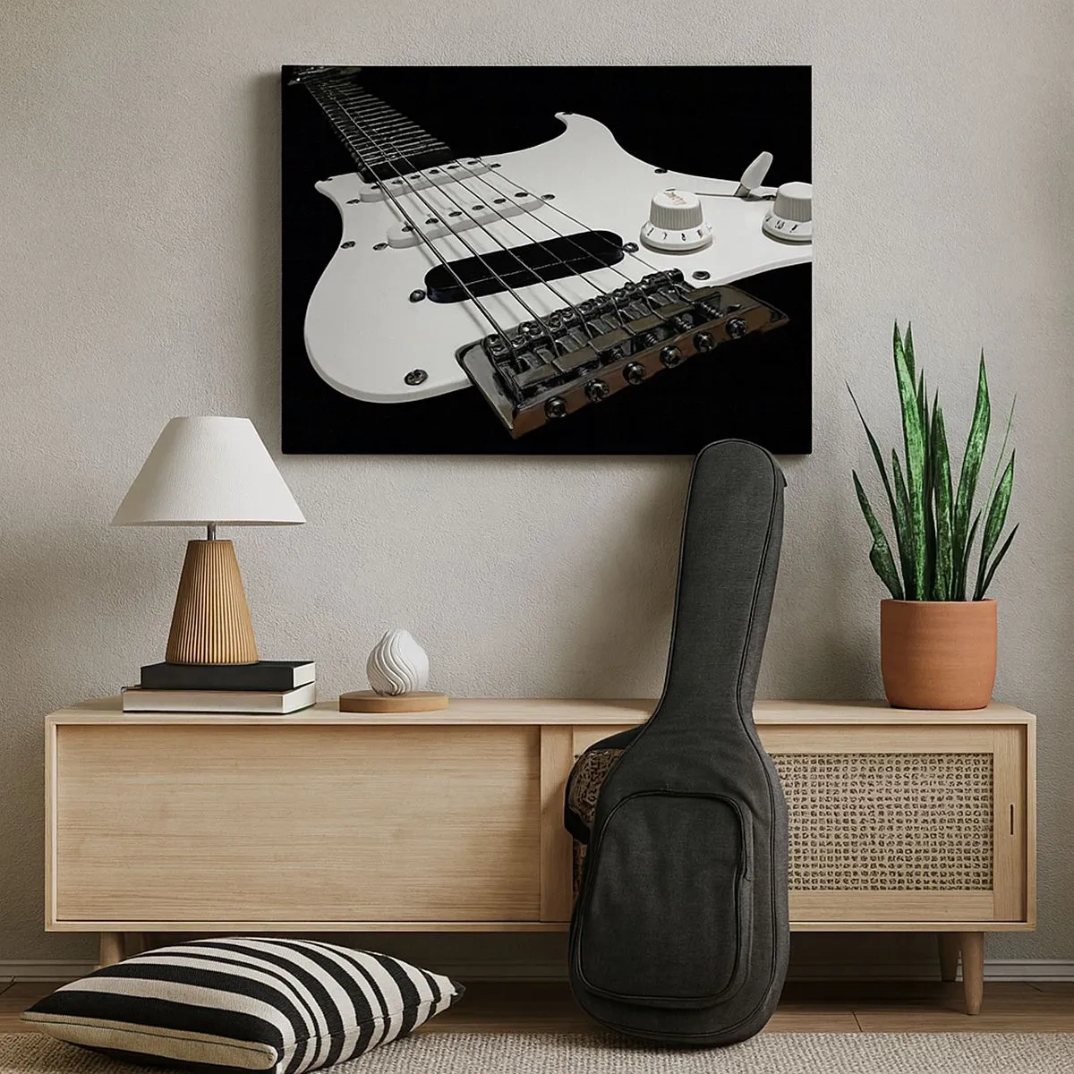 Bild auf Leinwand - Leinwandbild - Nahaufnahme einer weißen E-Gitarre auf schwarzem Hintergrund. - 70x50cm - In Weiß versteckter Ton - Moderne Wanddekoration für Wohnzimmer und Schlafzimmer ARTTOR