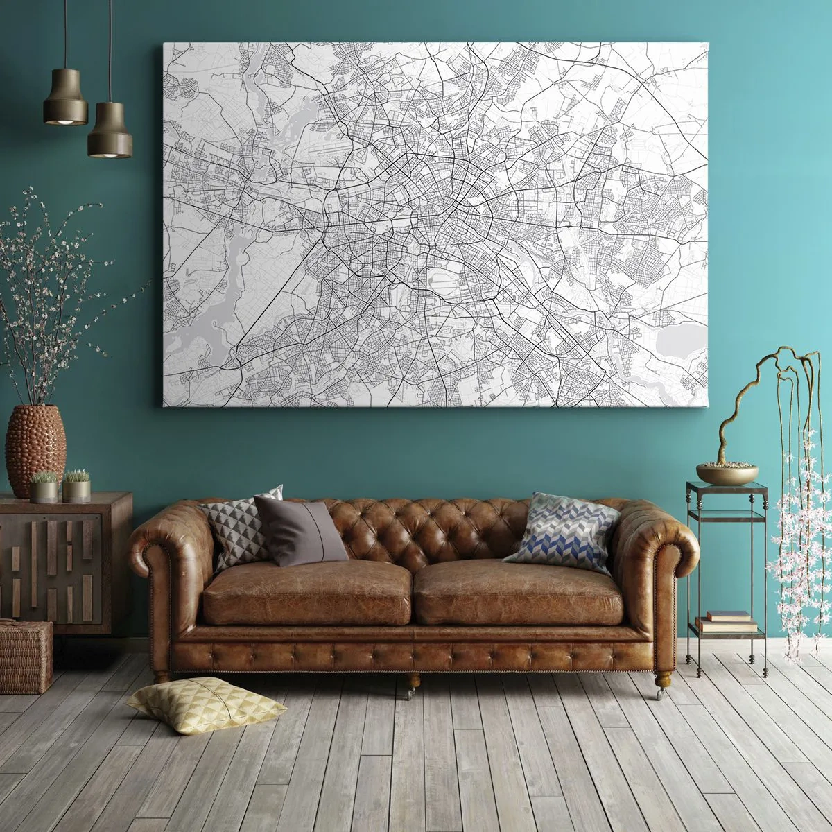 Bild auf Leinwand - Leinwandbild - Detaillierter schwarz-weißer Stadtplan - 70x50cm - Berliner Blume - Moderne Wanddekoration für Wohnzimmer und Schlafzimmer ARTTOR