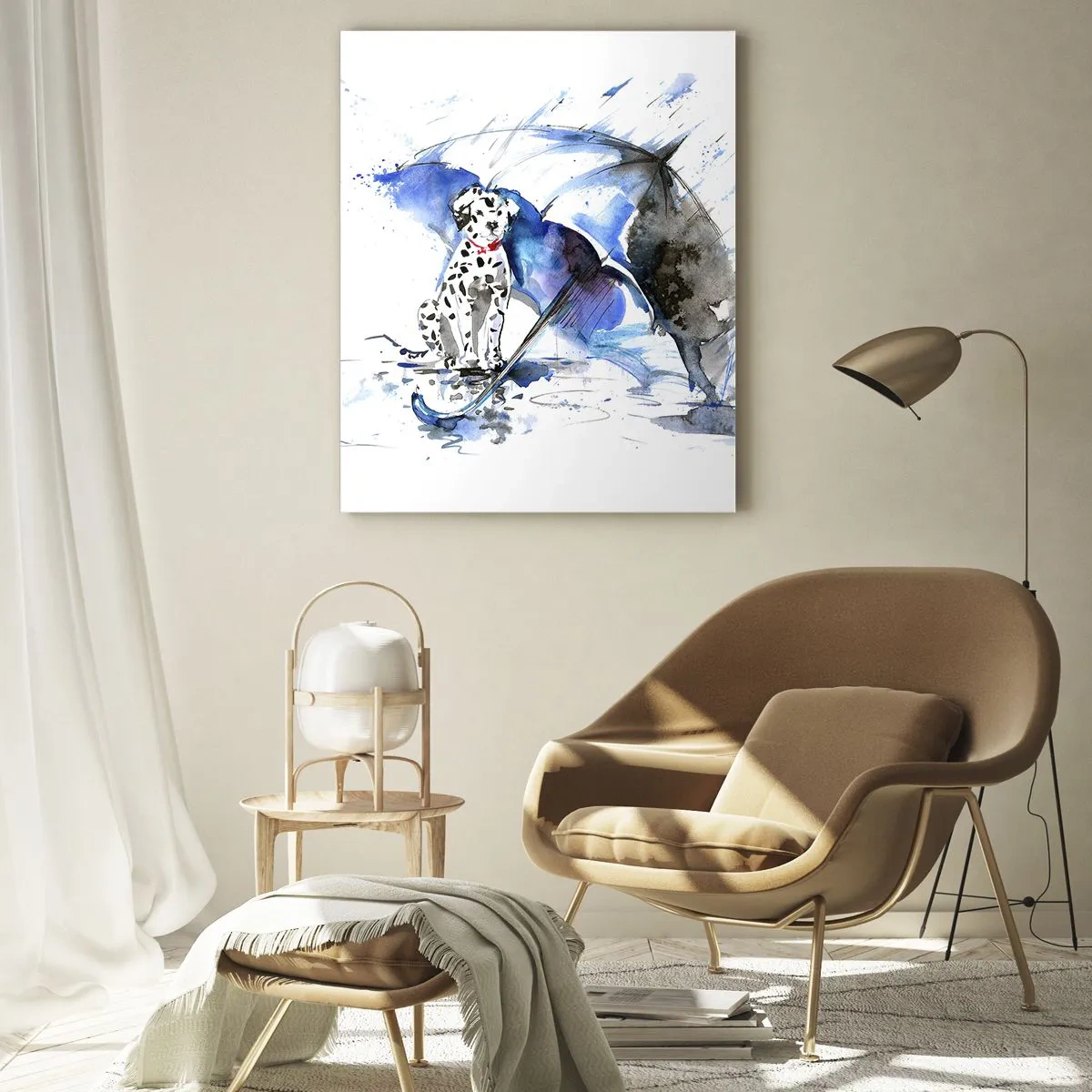 Glasbild - Bild auf glas - Dalmatiner mit Regenschirm in einer regnerischen Umgebung - 50x70cm - Dafür ist ein Freund da - Moderne Wanddekoration für Wohnzimmer und Schlafzimmer ARTTOR
