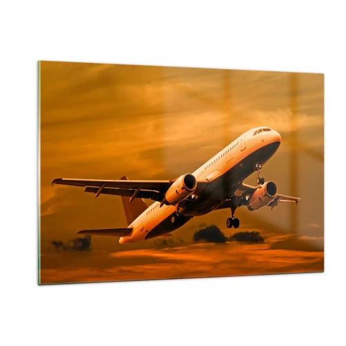 Glasbild - Bild auf glas - Ein Flugzeug, das vor einem orangefarbenen Himmel abhebt - 120x80cm - Flug der Sonne entgegen - Moderne Wanddekoration für Wohnzimmer und Schlafzimmer ARTTOR