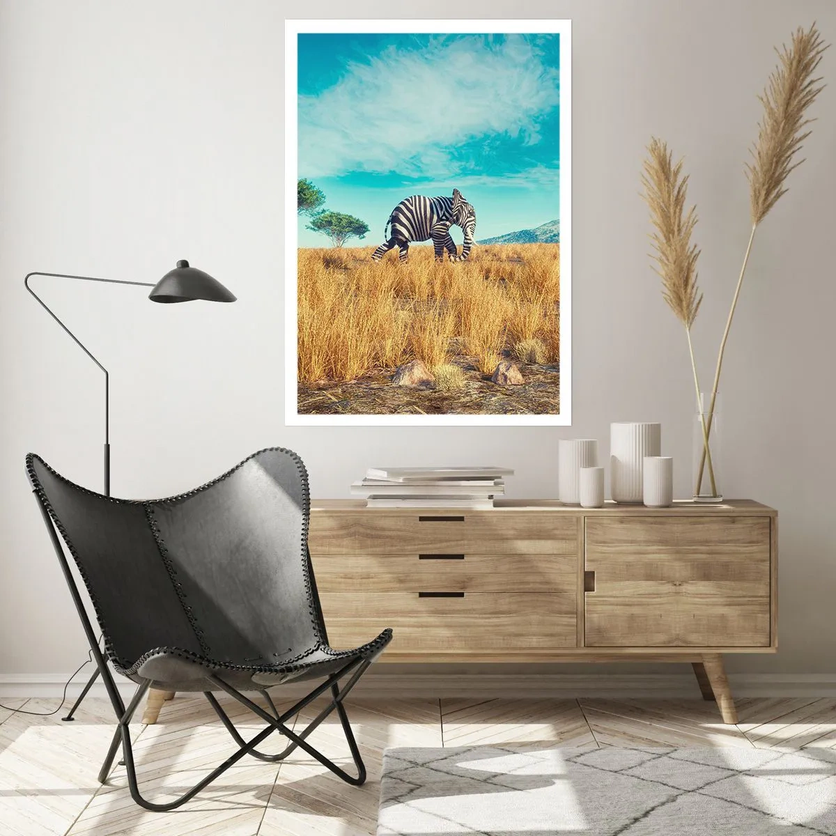 Poster - Ein Zebra mit Elefantenkörper vor der Kulisse der afrikanischen Savanne - 50x70cm - Grau ist nicht mehr in Mode - Moderne Wanddekoration für Wohnzimmer und Schlafzimmer ARTTOR