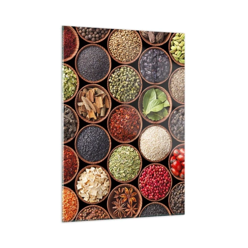 Glasbild - Bild auf glas - Eine Komposition aus verschiedenen Gewürzen in Holzschalen - 50x70cm - Alle Aromen der Welt - Moderne Wanddekoration für Wohnzimmer und Schlafzimmer ARTTOR