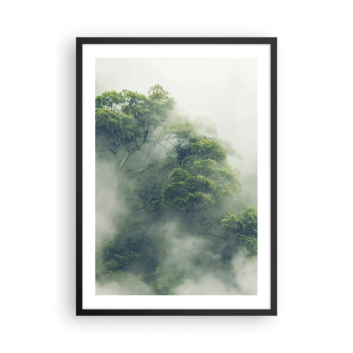 Poster in einem schwarzem Rahmen - Grüne Baumkronen, verborgen in dichtem, geheimnisvollem Nebel - 50x70cm - In Nebel gehüllt - Moderne Wanddekoration für Wohnzimmer und Schlafzimmer ARTTOR