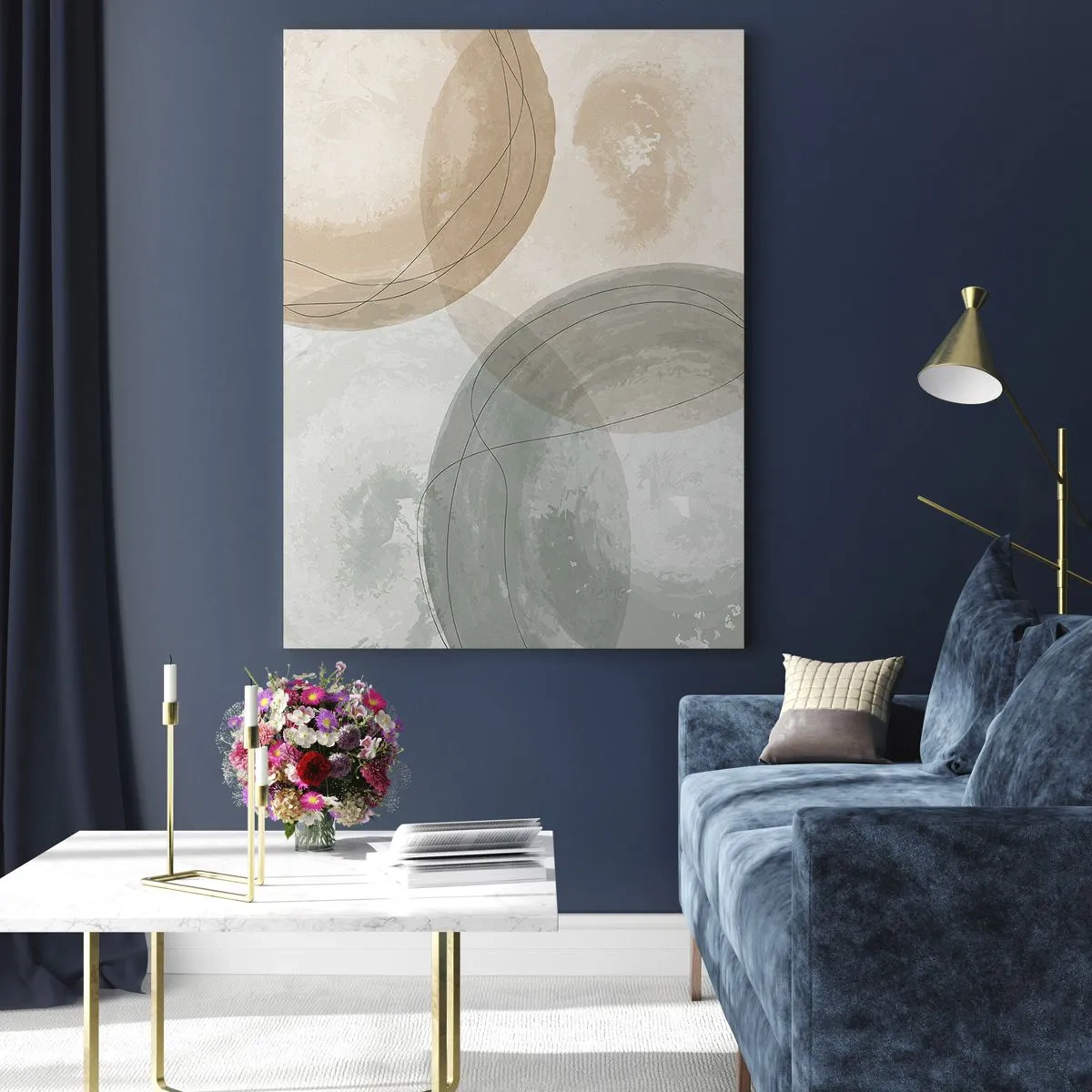 Glasbild - Bild auf glas - Pastellfarbene Kreise und Linien in dezenter Komposition - 50x70cm - Welten durchdringen - Moderne Wanddekoration für Wohnzimmer und Schlafzimmer ARTTOR