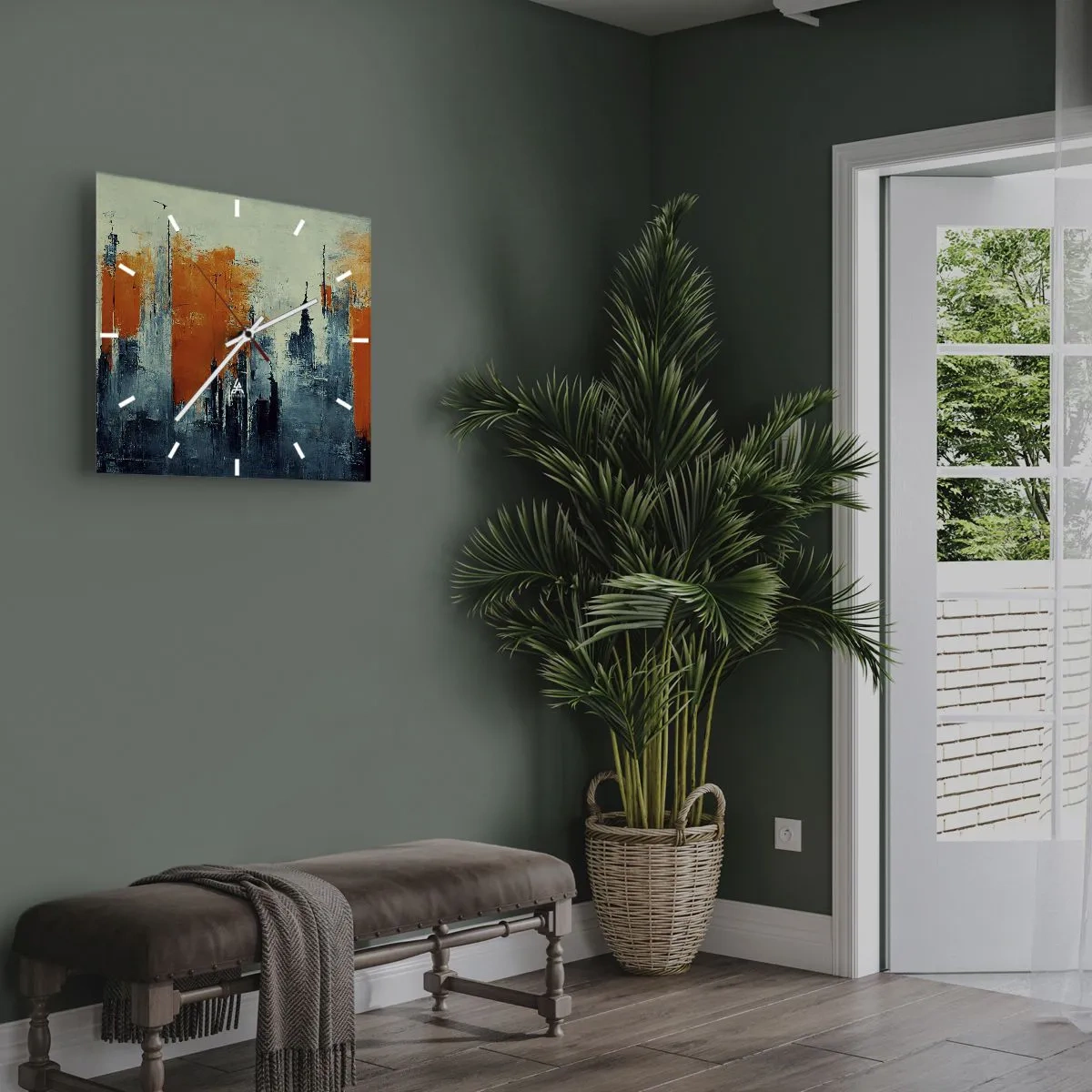 Wanduhr - Glasuhr - Abstrakte Stadtlandschaft in Orange- und Blautönen - 30x30cm - Moderne Landschaft - Moderne Wanddekoration für Wohnzimmer und Schlafzimmer ARTTOR