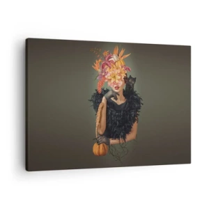 Bild auf Leinwand - Leinwandbild - Frauenbildnis mit Herbstmotiven und Katze - 70x50cm - Der Zauber einer Hexe - Moderne Wanddekoration für Wohnzimmer und Schlafzimmer ARTTOR