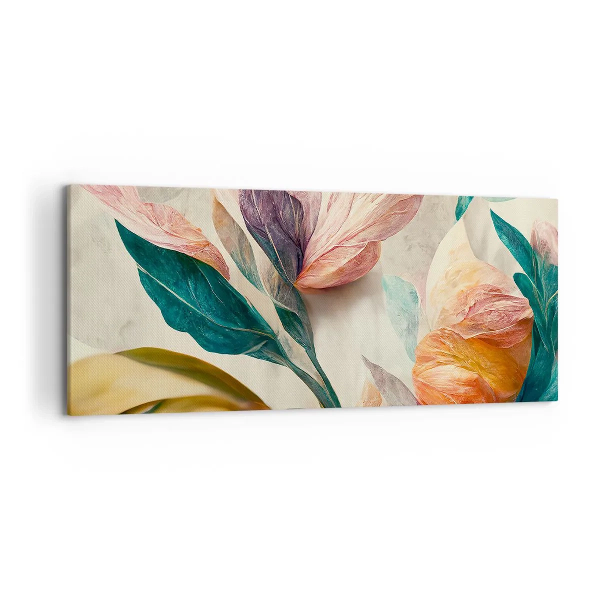 Bild auf Leinwand - Leinwandbild - Bunte Blumen im tropischen Stil auf hellem Hintergrund - 120x50cm - Blumen der südlichen Inseln - Moderne Wanddekoration für Wohnzimmer und Schlafzimmer ARTTOR