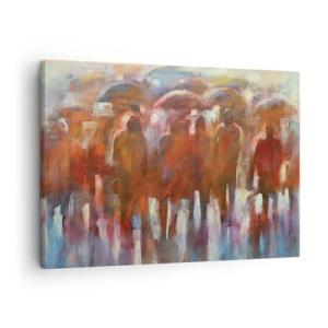 Bild auf Leinwand - Leinwandbild - Eine Menschenmenge mit Regenschirmen in einer regnerischen, künstlerischen Umgebung - 70x50cm - Auch bei Regen und Nebel - Moderne Wanddekoration für Wohnzimmer und Schlafzimmer ARTTOR
