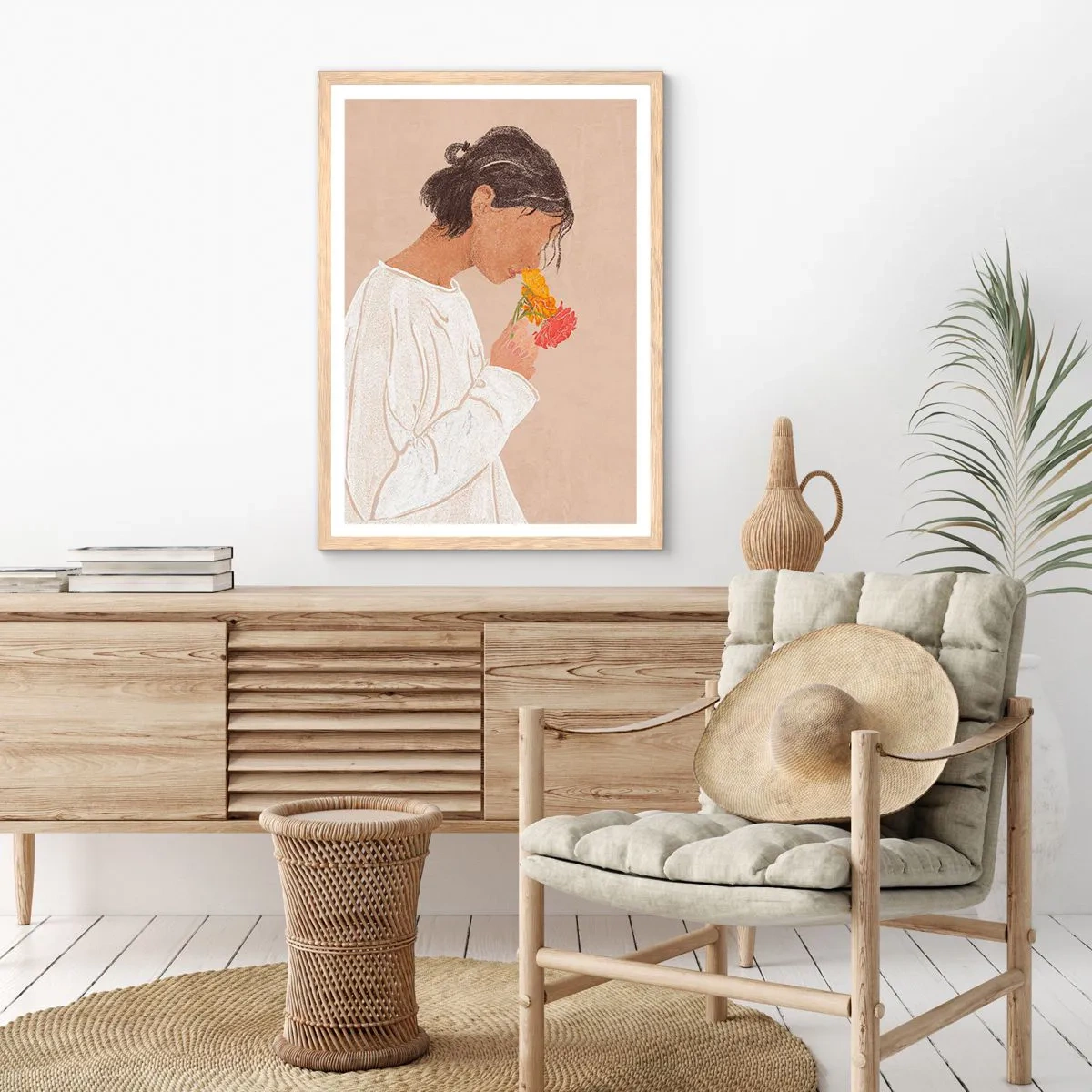 Poster in einem Rahmen aus heller Eiche - Mädchen und Blumen - 50x70 cm