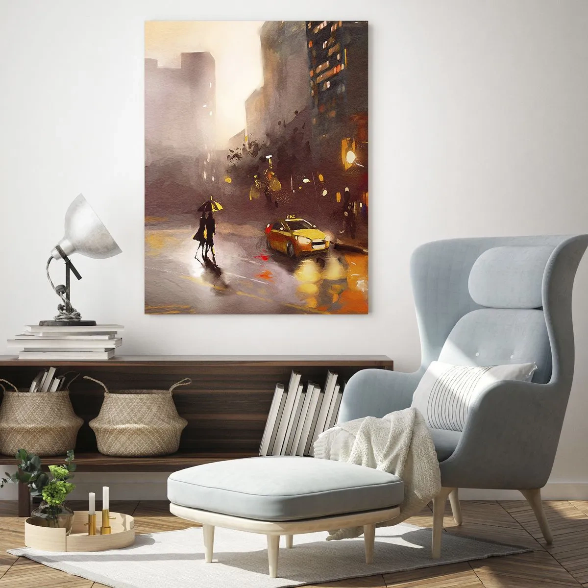 Glasbild - Bild auf glas - Stadt bei Nacht im Regen mit Taxis und der Silhouette eines Paares - 50x70cm - Im Licht von New York - Moderne Wanddekoration für Wohnzimmer und Schlafzimmer ARTTOR