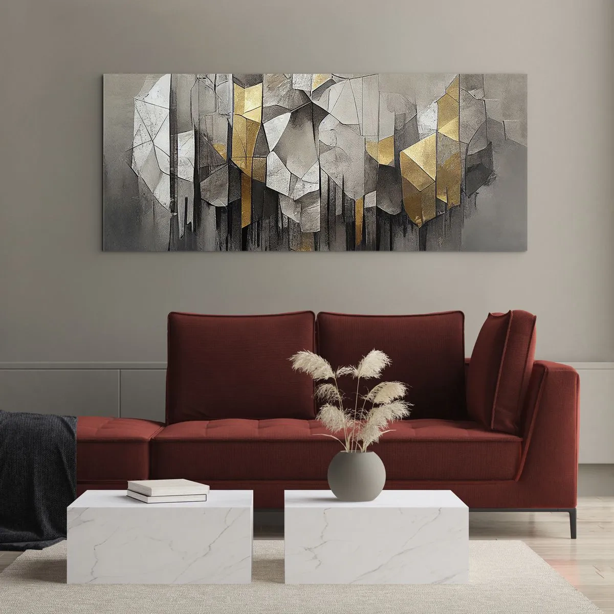 Glasbild - Bild auf glas - Geometrische Abstraktion in Gold- und Grautönen - 160x50cm - Komposition aus Eis und Licht - Moderne Wanddekoration für Wohnzimmer und Schlafzimmer ARTTOR