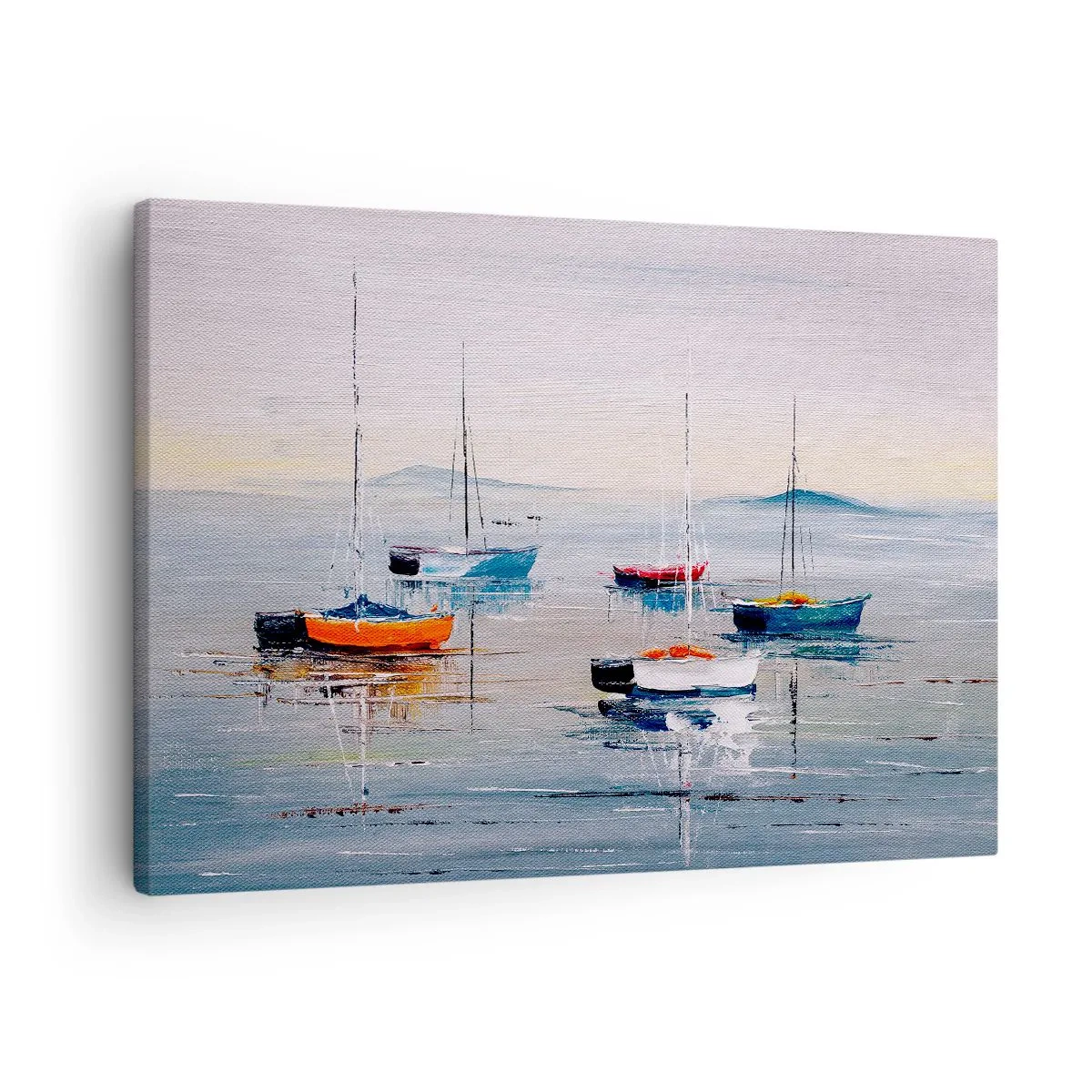 Bild auf Leinwand - Leinwandbild - Bunte Boote auf ruhigem Wasser - 70x50cm - Wohlverdiente Ruhe - Moderne Wanddekoration für Wohnzimmer und Schlafzimmer ARTTOR