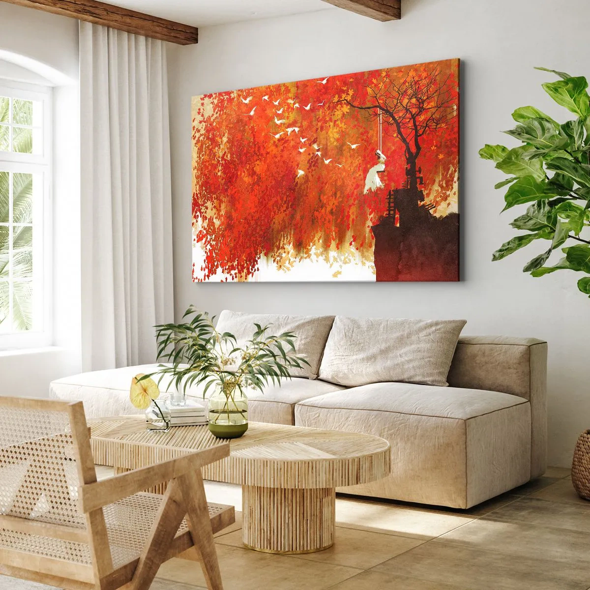 Bild auf Leinwand - Leinwandbild - Eine Figur auf einer Schaukel neben einem Baum, umgeben von roten Blättern - 120x80cm - Wird er mit ihnen fliegen? - Moderne Wanddekoration für Wohnzimmer und Schlafzimmer ARTTOR