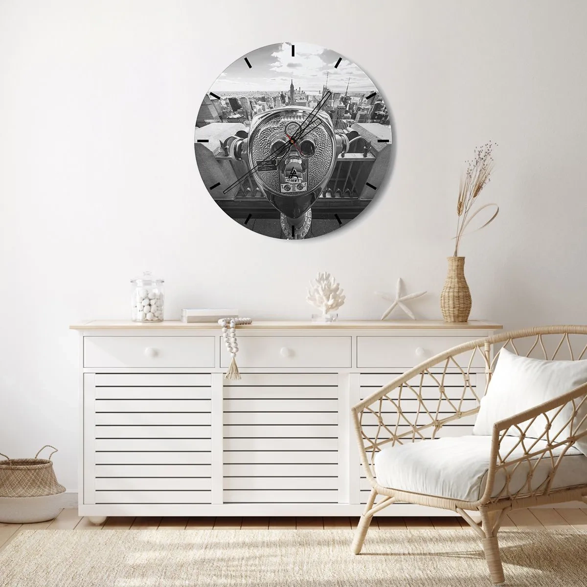Wanduhr - Glasuhr - Fernglas mit Blick auf die Skyline von New York - 30x30cm - Stadt über den Städten - Moderne Wanddekoration für Wohnzimmer, Küche und Schlafzimmer ARTTOR