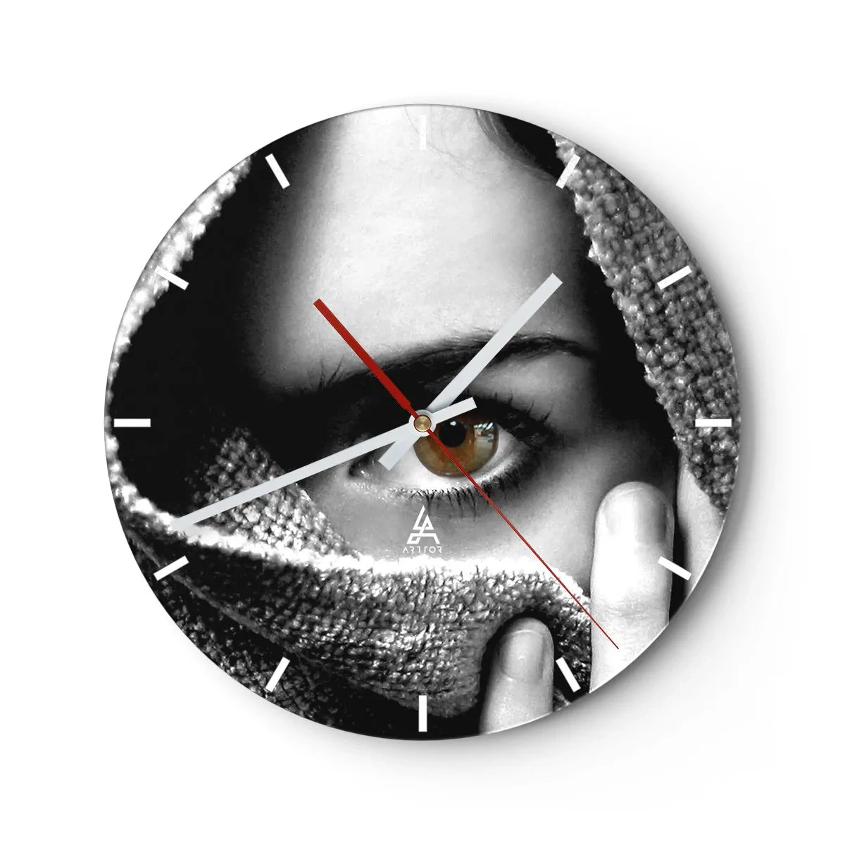 Wanduhr - Glasuhr - Schwarz-Weiß-Optik versteckt sich hinter dem Stoff - 30x30cm - Erfahre das Geheimnis - Moderne Wanddekoration für Wohnzimmer, Küche und Schlafzimmer ARTTOR