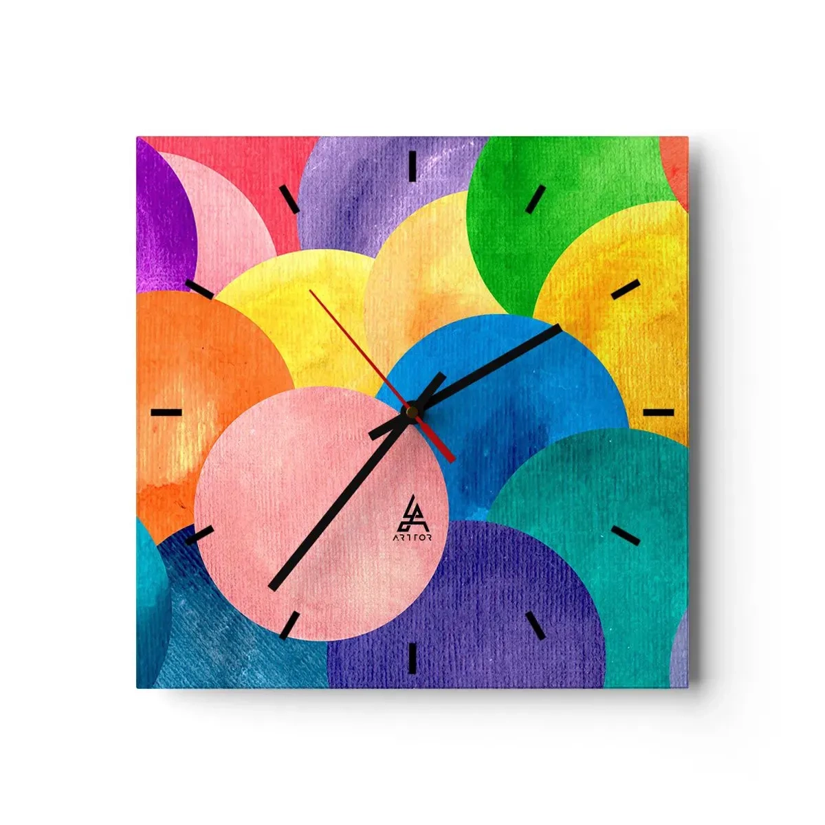 Wanduhr - Glasuhr - Bunte Kreise im Aquarellstil - 30x30cm - Die ursprüngliche Fülle des Lebens - Moderne Wanddekoration für Wohnzimmer und Schlafzimmer ARTTOR