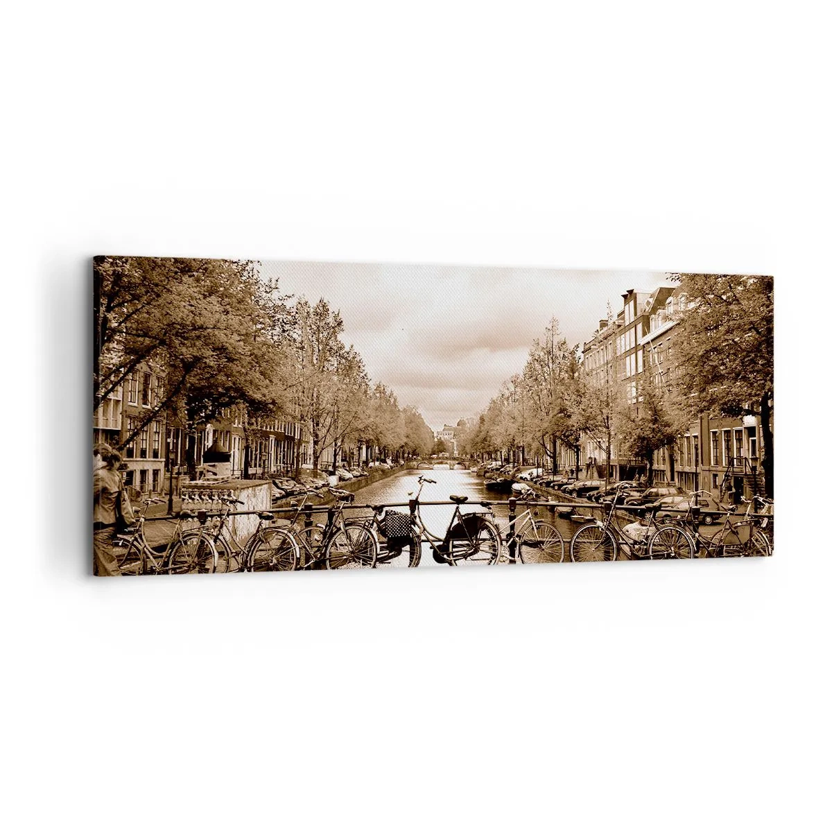Bild auf Leinwand - Leinwandbild - Fahrradbrücke über den Kanal in Sepia - 120x50cm - Niederländische Atmosphäre - Moderne Wanddekoration für Wohnzimmer und Schlafzimmer ARTTOR