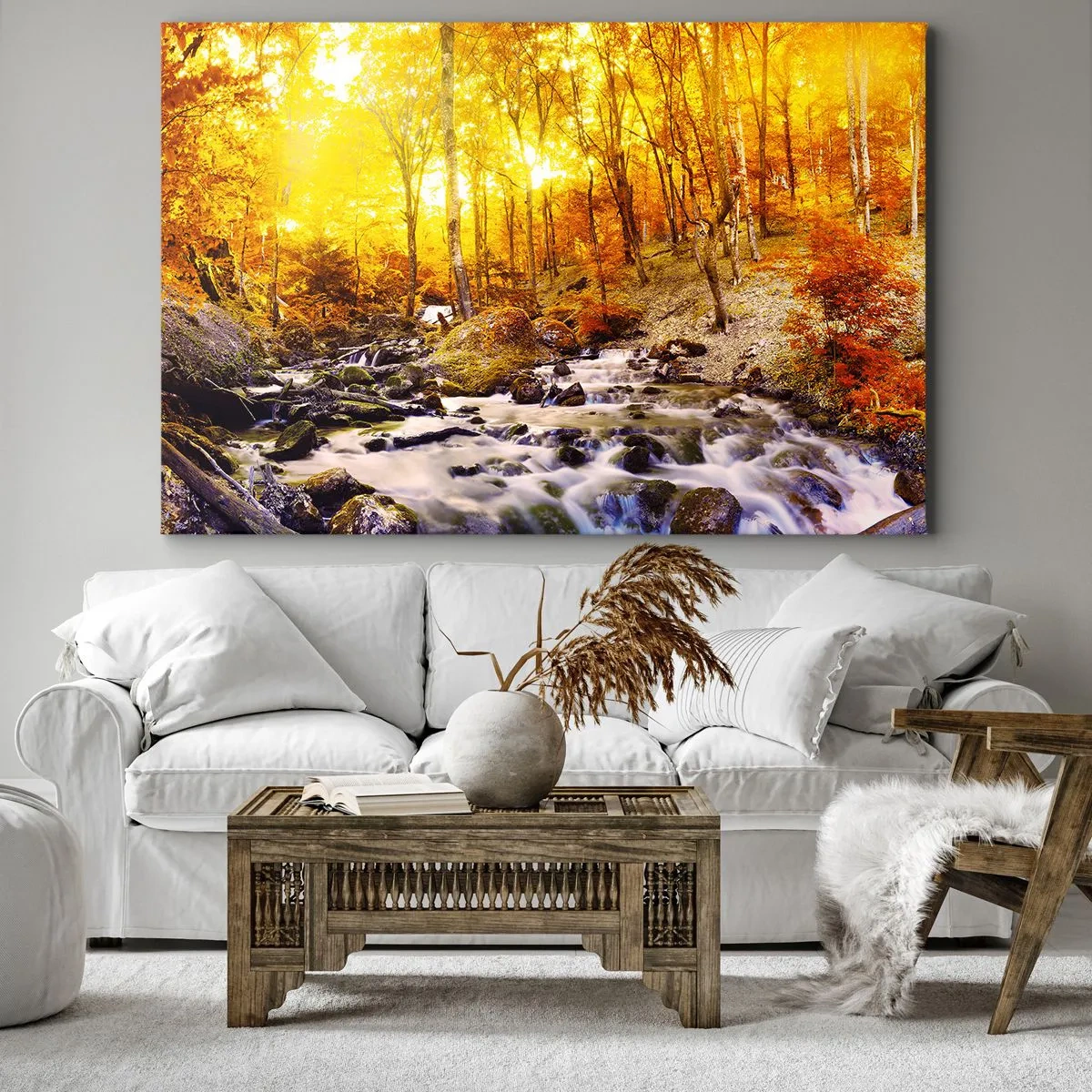 Bild auf Leinwand - Leinwandbild - Herbstwald mit einem Bach zwischen goldenen Blättern - 100x70cm - In Gold und Platin gefasste Steine - Moderne Wanddekoration für Wohnzimmer und Schlafzimmer ARTTOR
