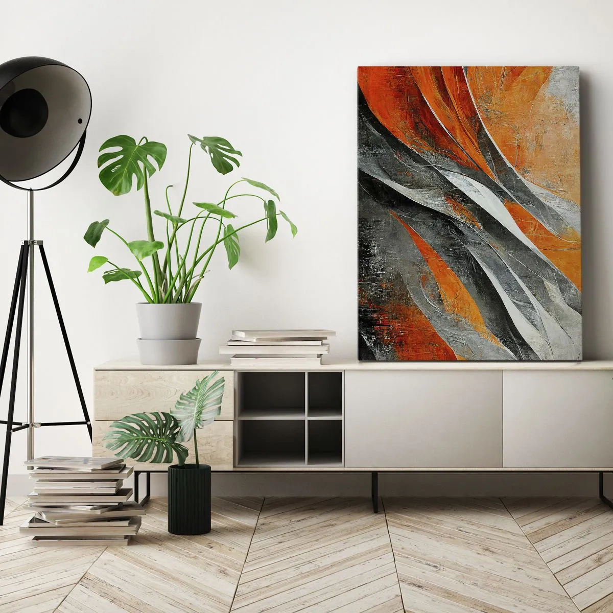 Bild auf Leinwand - Leinwandbild - Abstrakte Linien in Orange- und Grautönen - 80x120cm - Hitze und Kälte - Moderne Wanddekoration für Wohnzimmer und Schlafzimmer ARTTOR