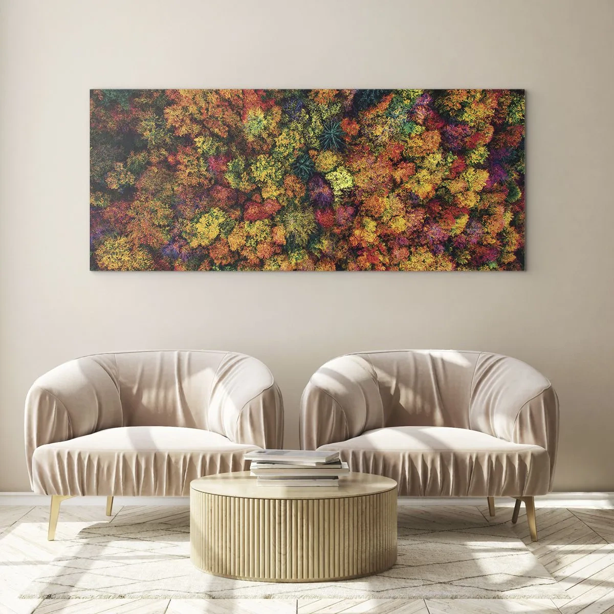 Glasbild - Bild auf glas - Bunte Baumkronen in der Herbstpalette - 140x50cm - Blumenstrauß aus Herbstbäumen - Moderne Wanddekoration für Wohnzimmer und Schlafzimmer ARTTOR