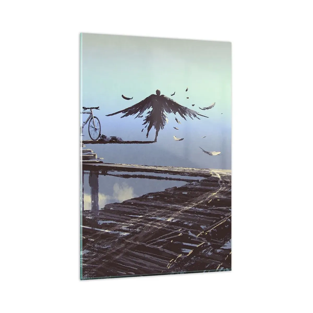 Glasbild - Bild auf glas - Eine Figur mit Federn schwebt über einer Holzbrücke neben einem Fahrrad. - 80x120cm - Ikarus lebt für immer - Moderne Wanddekoration für Wohnzimmer und Schlafzimmer ARTTOR