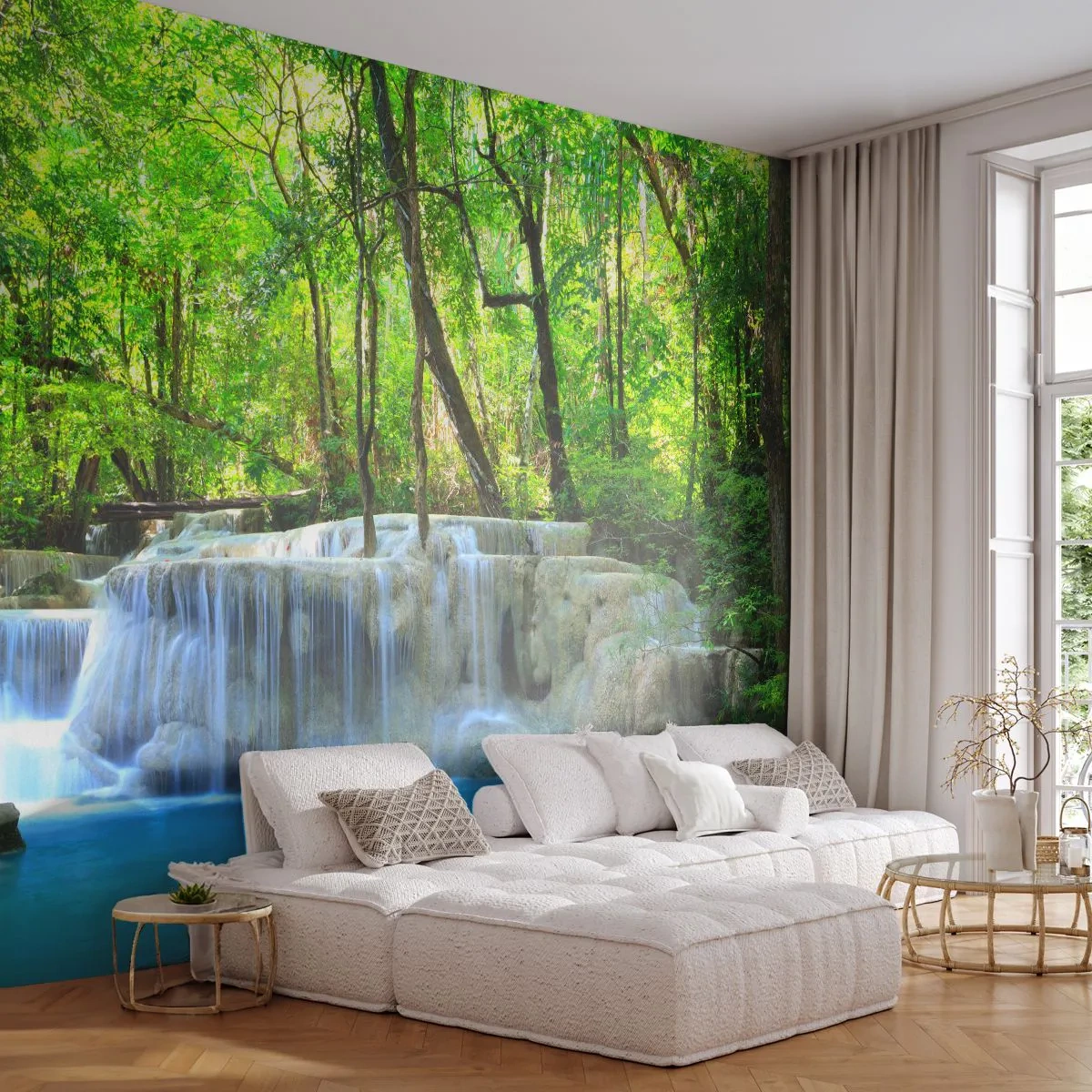 Fototapete Premium Sand - In Türkis und Grün ertrinken - Landschaft, Wasserfall, Kaskade - 250x175 cm