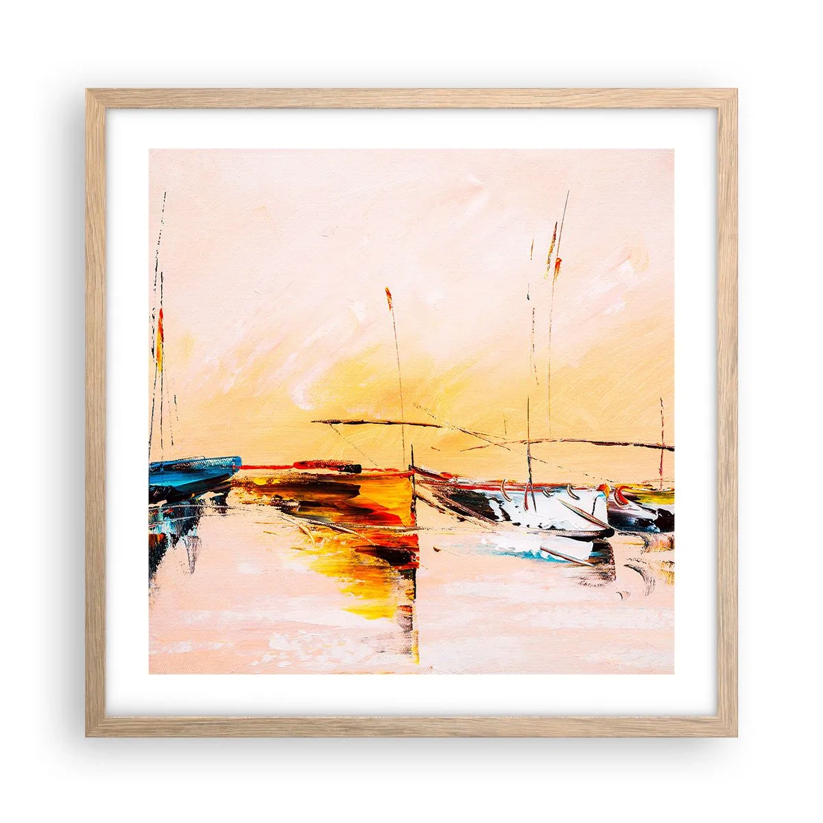 Poster in einem Rahmen aus heller Eiche - Abend im Yachthafen - 50x50 cm