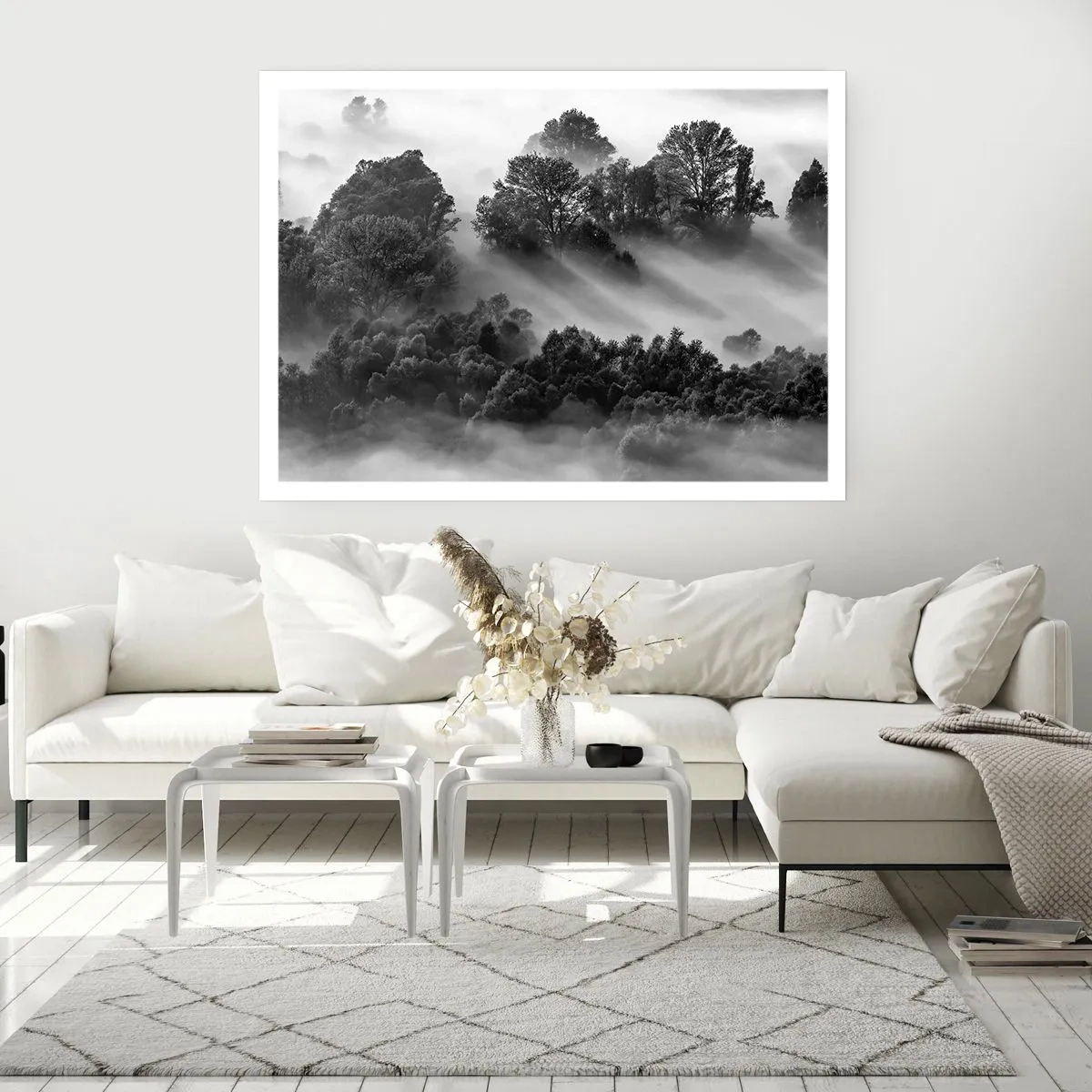 Poster - Schwarz-weiße Waldlandschaft im Morgennebel - 100x70cm - Aufstehend aus dem Schlaf - Moderne Wanddekoration für Wohnzimmer und Schlafzimmer ARTTOR