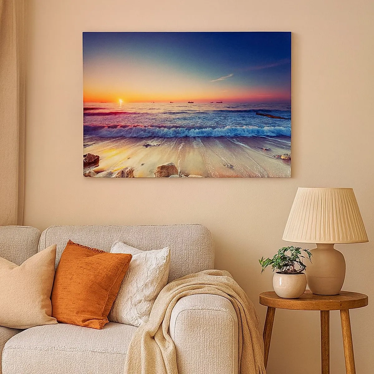 Bild auf Leinwand - Leinwandbild - Sonnenuntergang über einem ruhigen Meer mit Wellen - 70x50cm - Was ist mit dem Horizont? - Moderne Wanddekoration für Wohnzimmer und Schlafzimmer ARTTOR