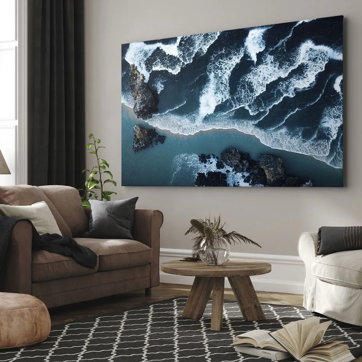 Bild auf Leinwand - Leinwandbild - Luftaufnahme der Wellen, die an die Küste krachen - 70x50cm - In Wellen gehüllt - Moderne Wanddekoration für Wohnzimmer und Schlafzimmer ARTTOR