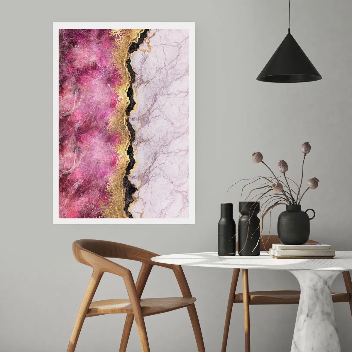 Poster - Abstraktion mit Marmormuster und goldenen Akzenten - 50x70cm - An der Grenze - Moderne Wanddekoration für Wohnzimmer und Schlafzimmer ARTTOR
