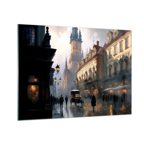 Glasbild - Bild auf glas - Eine historische Straße, die in der Abenddämmerung von Laternen beleuchtet wird - 70x50cm - Charme eines Prager Abends - Moderne Wanddekoration für Wohnzimmer und Schlafzimmer ARTTOR