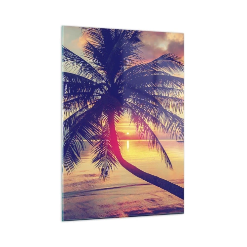 Glasbild - Bild auf glas - Palme bei Sonnenuntergang über einem ruhigen Meer - 50x70cm - Abend unter Palmen - Moderne Wanddekoration für Wohnzimmer und Schlafzimmer ARTTOR