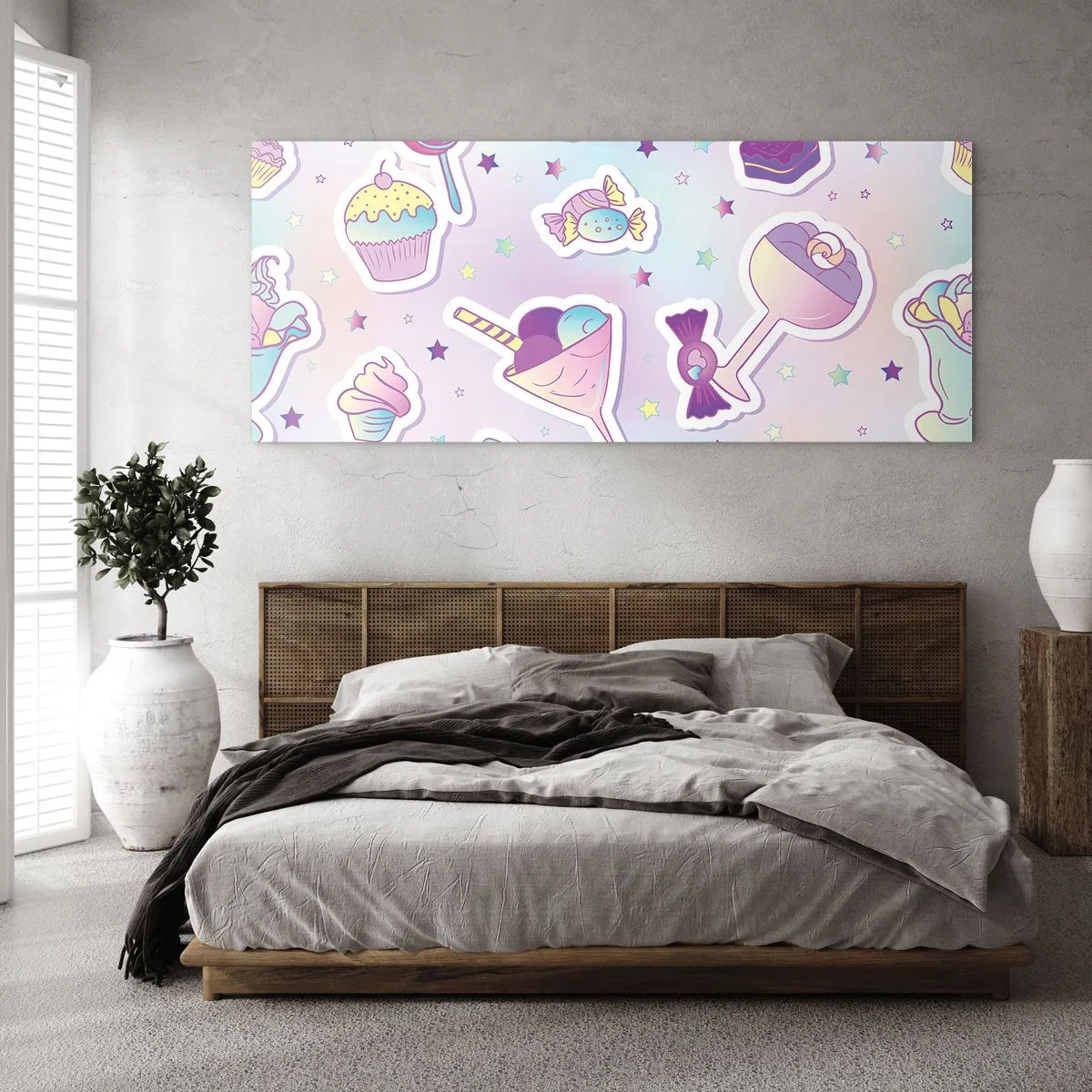 Glasbild - Bild auf glas - Pastellmuster mit Süßigkeiten und Desserts - 160x50cm - Dass es jeden Tag ein Geburtstag wäre - Moderne Wanddekoration für Wohnzimmer und Schlafzimmer ARTTOR