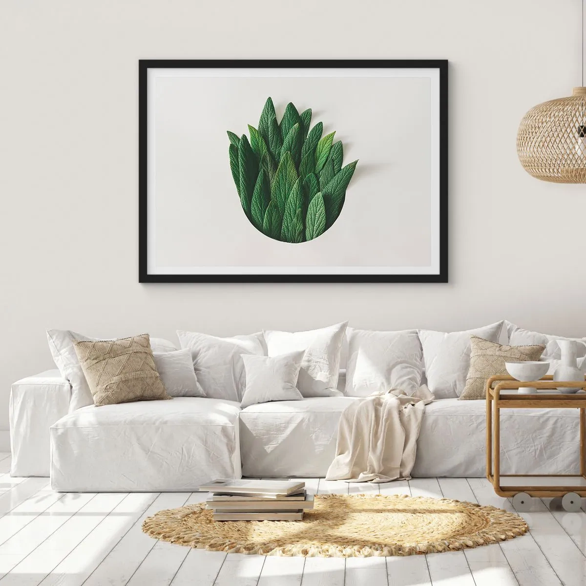 Poster in einem schwarzem Rahmen - Eine Komposition aus grünen Blättern auf hellem Hintergrund - 70x50cm - Ungebremste Neugier - Moderne Wanddekoration für Wohnzimmer und Schlafzimmer ARTTOR