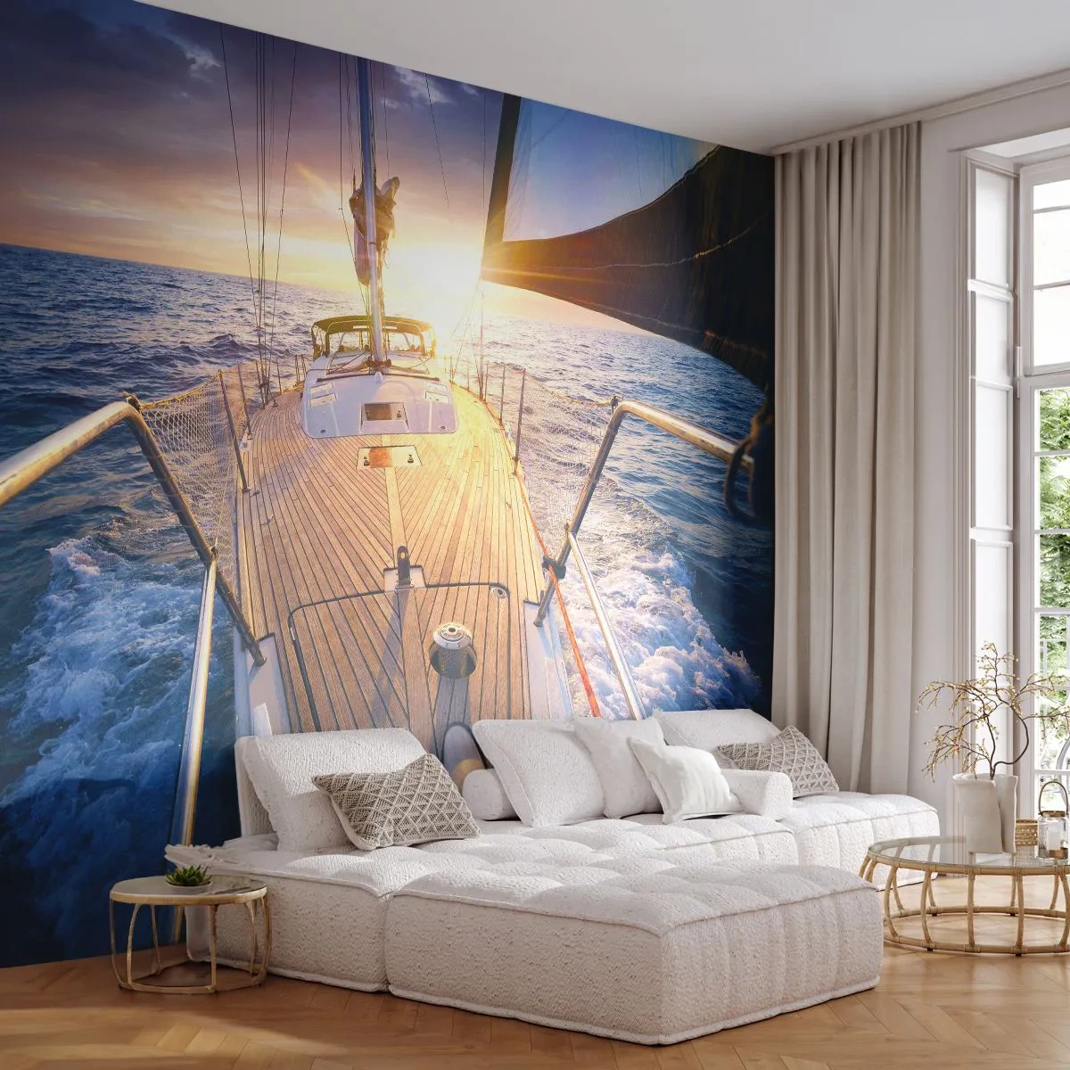 Fototapete Premium Sand - Luxusyacht auf See bei Sonnenuntergang - 100x70cm - Laufen unter den Wellen - Moderne Wanddekoration für Wohnzimmer und Schlafzimmer ARTTOR