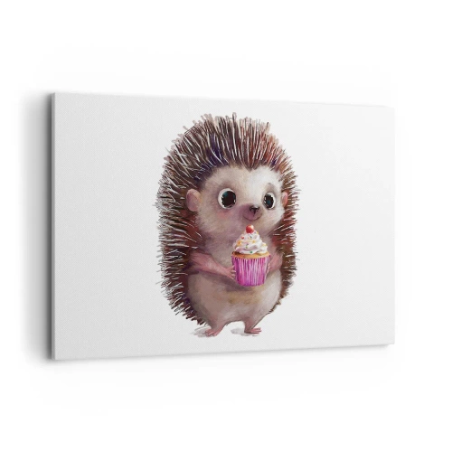 Bild auf Leinwand - Leinwandbild - Ein süßer Igel mit einem Cupcake - 120x80cm - Der Feiertag ist jeden Tag - Moderne Wanddekoration für Wohnzimmer und Schlafzimmer ARTTOR