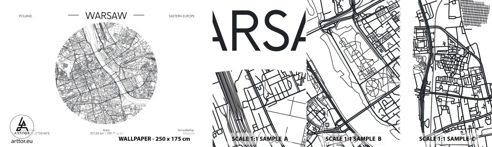 Fototapetenmuster Standard Eco - Anatomie von Warschau - Karte, Warschau, Polen - 100x30 cm