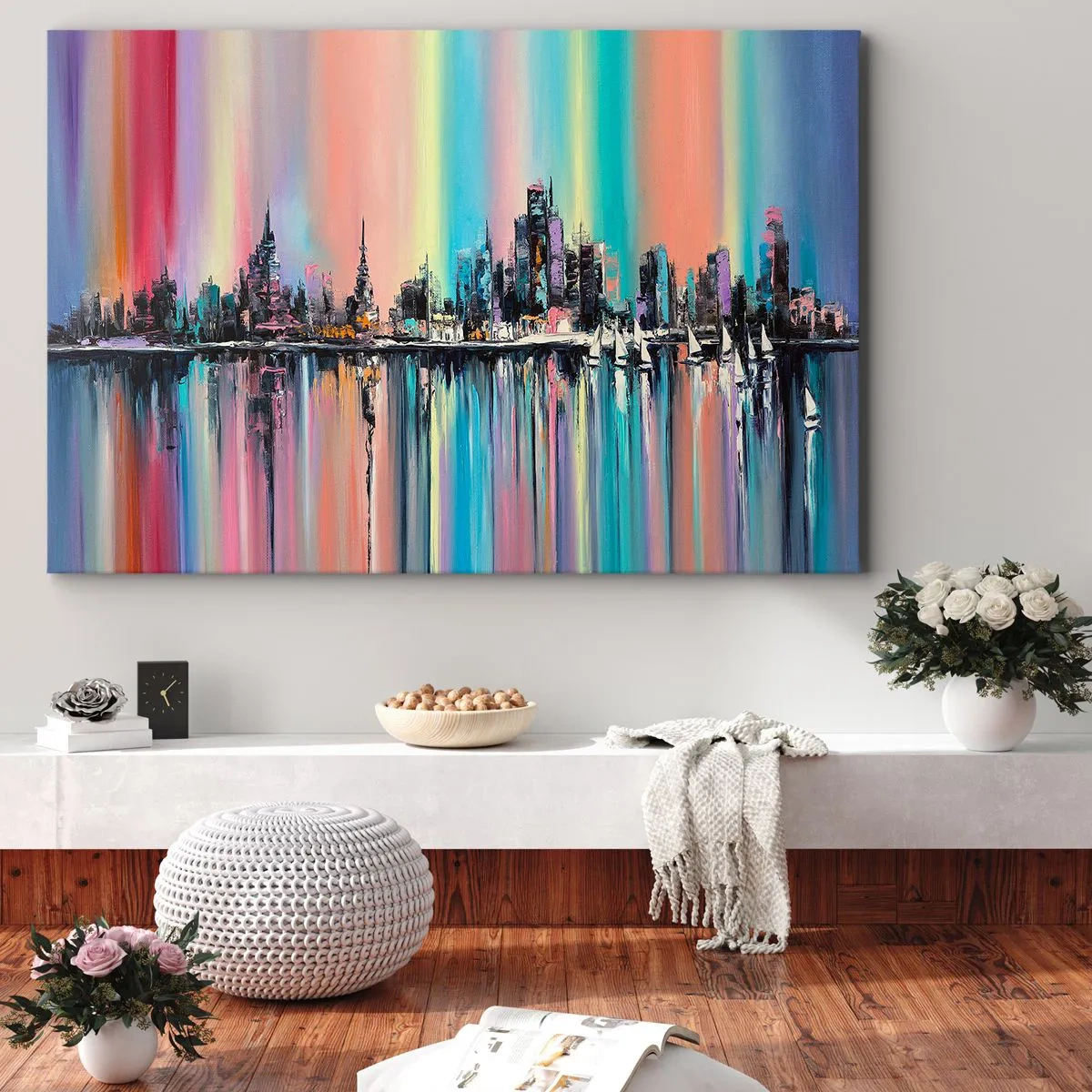 Bild auf Leinwand - Leinwandbild - Buntes Stadtbild mit Spiegelung auf dem Wasser - 70x50cm - Um das Licht der Nacht herunterzufallen - Moderne Wanddekoration für Wohnzimmer und Schlafzimmer ARTTOR
