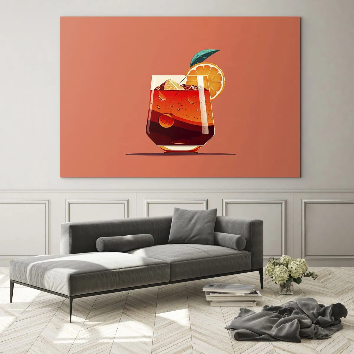 Glasbild - Bild auf glas - Ein farbenfrohes Getränk mit Orange auf einem warmen Pfirsichhintergrund - 100x70cm - Sommerliche Erfrischung - Moderne Wanddekoration für Wohnzimmer und Schlafzimmer ARTTOR